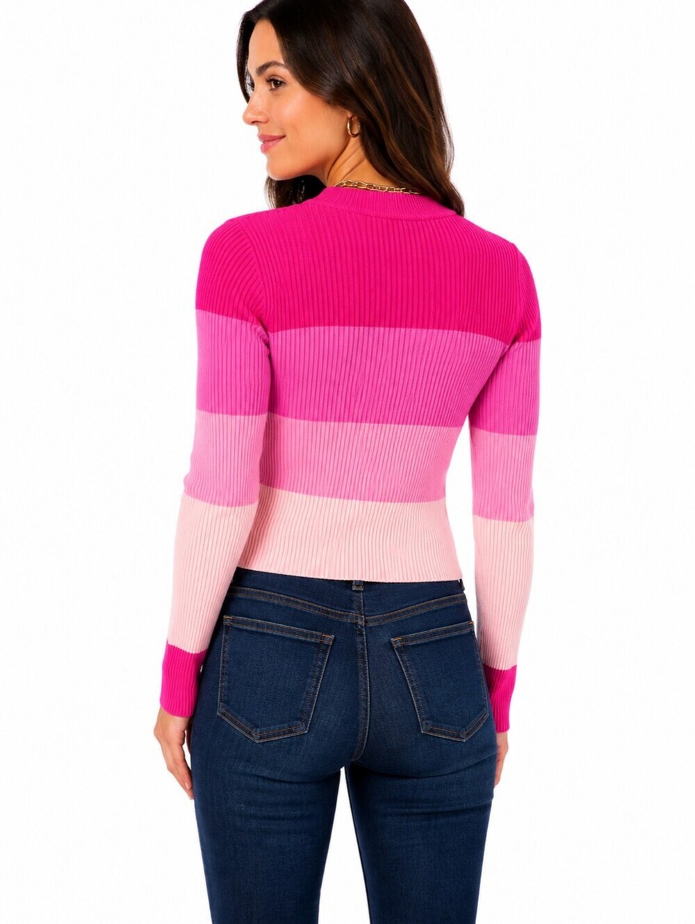 Shein Women's Ribbed Cropped Sweater Colorblock Extra Limong Sleeve Pink Peach L